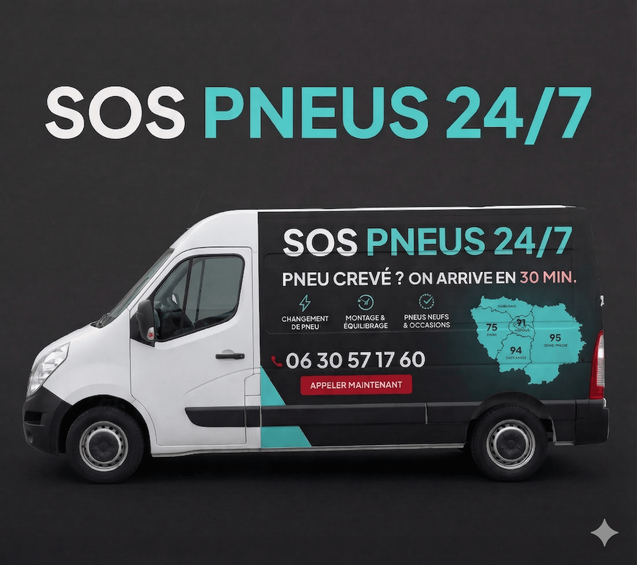 Véhicule d'intervention SOS Pneus 24/7 équipé pour le dépannage pneumatique en Île-de-France